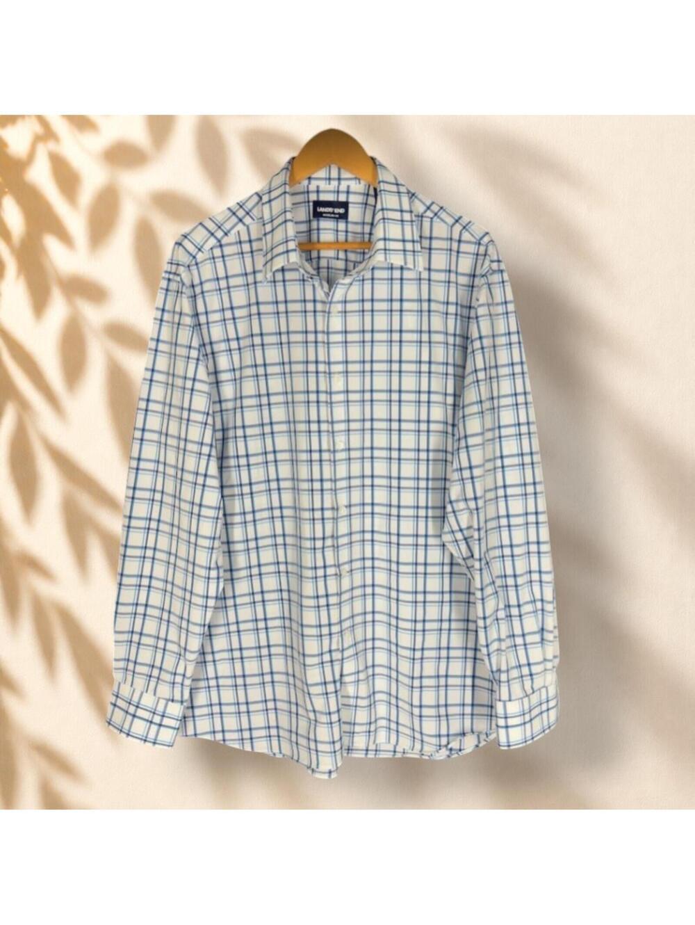 Lands' End Shirt Men XL White Plaid Button Up Collared Long Sleeve Regular Fit